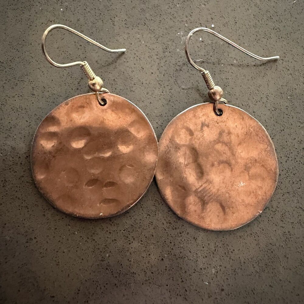 Copper Colored Hammered Round Disc Earrings Dangle Drop Pierced Ear
